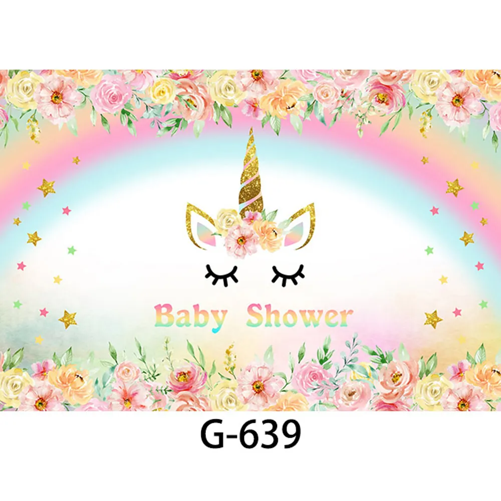 Rainbow Unicorn Backdrops baby shower rekvisita tryckta blommor stjärnor liten prinsessa tjejer födelsedagsfest foto bås bakgrund