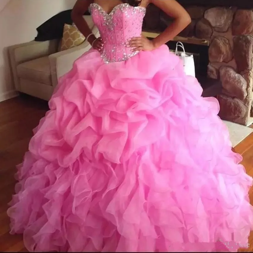 2018 Горячие Органзы Бальное Платье Quinceanera Платья С Зашнуровать Оборками Кристаллы Бисером Девушка Сладкий 16 Платья Формальные Платья Выпускного Вечера Партии Q28