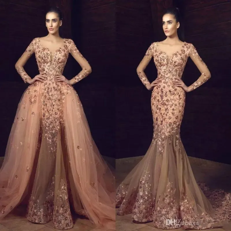 tony chaaya mermaid overskirts prom dresses long sleeves flower embroidery beaded evening gowns sexy plus size formal dress