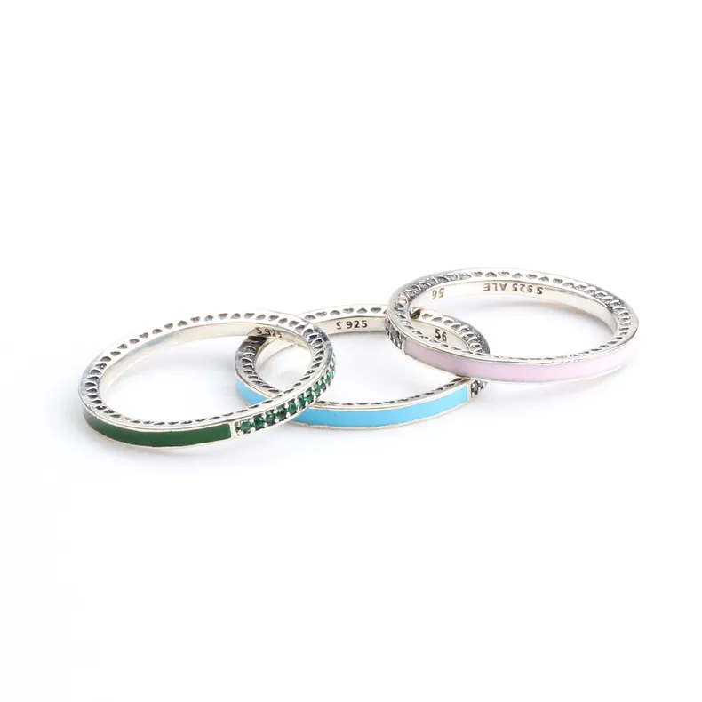 Blue Green Pink Enamel Band rings with color Crystal Original Box for Heart love 925 Silver Ring for Women girls gift825181120756