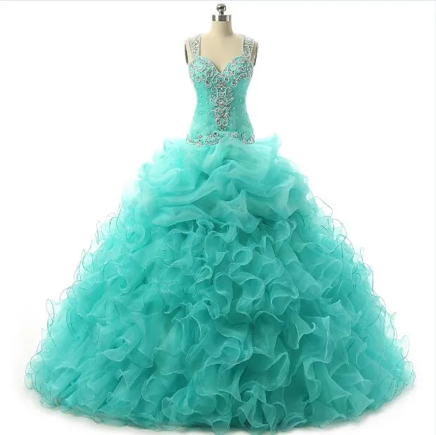 Real Photo Hollow Back Turq Quinceanera Dress 2018 Cheap With Straps Ruffle Organza Ball gown Prom Dress Evening Party Gowns