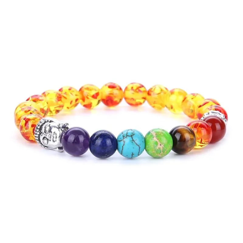 Pulseira de vulcão de cabeça de Buda moda atacado natural lava vulcão, ágata vermelha, ametista pedra com sete cores de pedra frisada pulseira