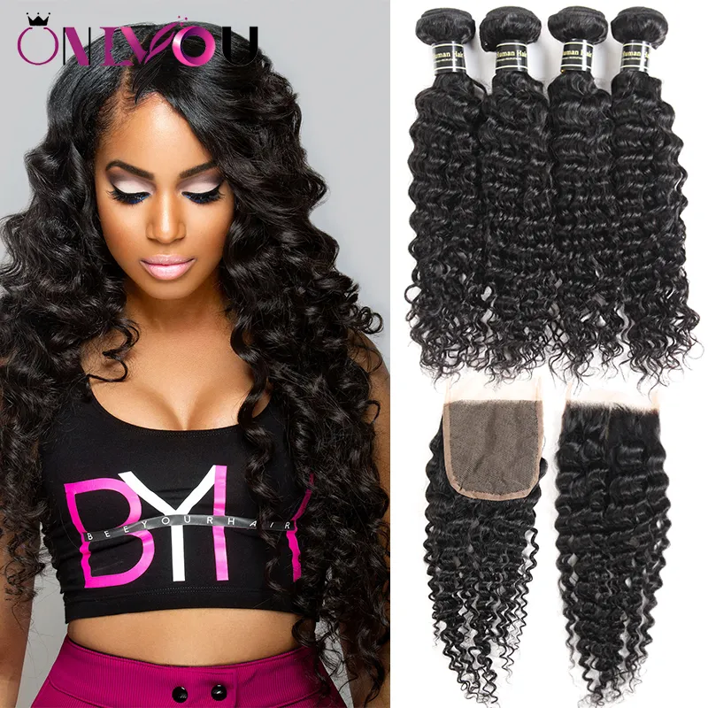 Brazilian Virgin Straight Body Wave Deep Kinky Curly Human Hair Weave 4 Bundles with Closure 13x4 Lace Frontal to Ear