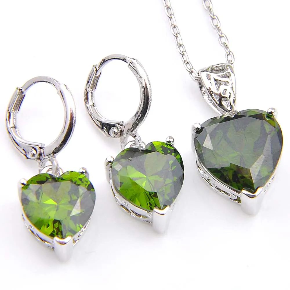 Novel Luckyshine 5 Sets 925 Silver Pendants Necklaces Earrings Fashion Heart Peridot Crystal Cubic Zirconia Gift Wedding Jewelry Sets