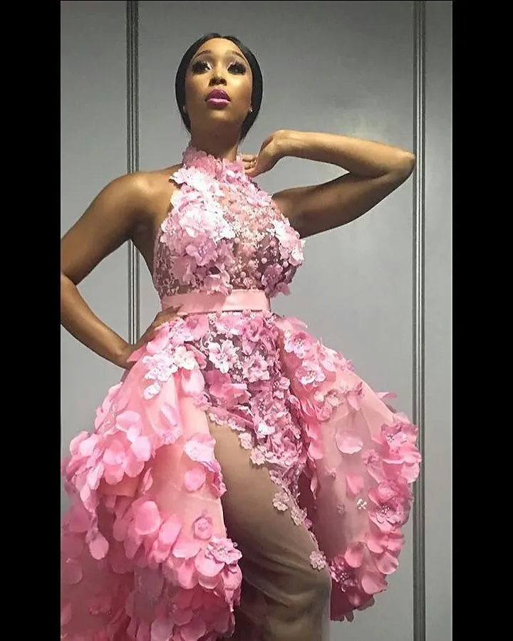 3D-Лепестки Цветочные Русалка платье с высоким горлом Overskirt кружева аппликация See Through платья партии моды африканских знаменитости вечернее платье
