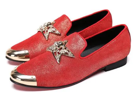 Новые моды мужские мокасины обувь красный ручной работы металлический носок скольжения на повседневную обувь удобные дышащие свадебные туфли EU38-46