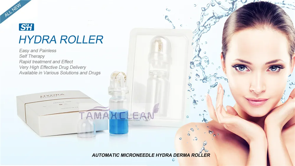 DR009 Ny Titanium Microneedle Automatic Hydra Derma Roller 64 Guldtips Derma Roller med gelrör