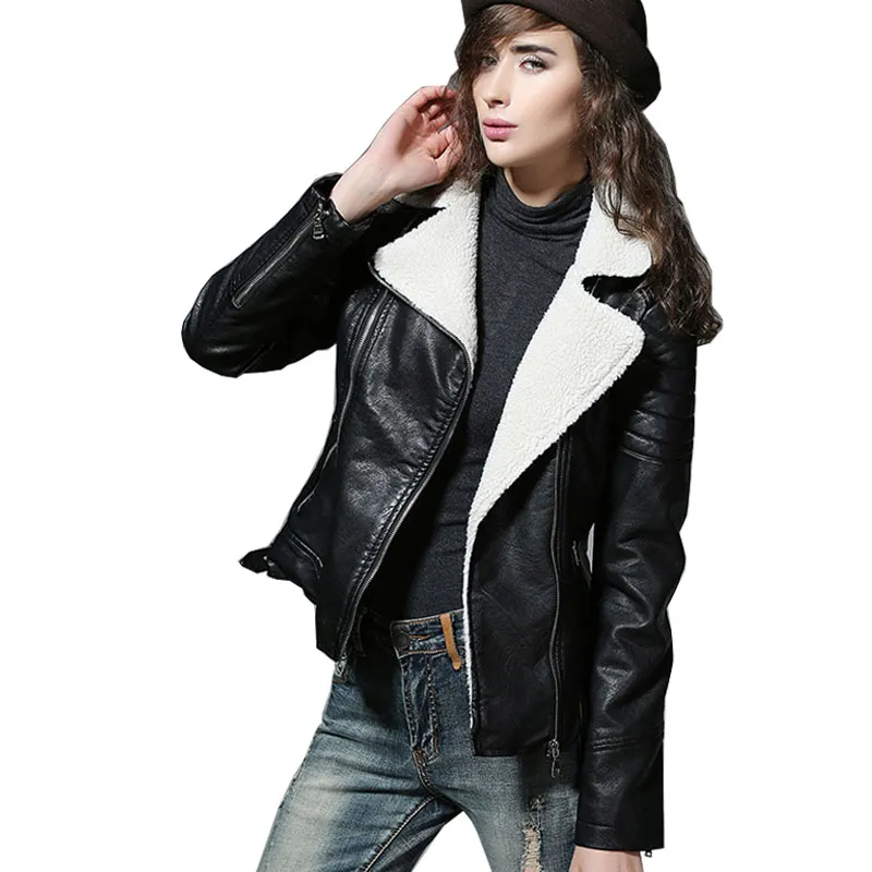 Partihandel-2017 Shearling Sheepskin Coats Svart Läderjacka Kvinnor Kort Tjock Lamm Ull Fur Collar Polded Winter Motorcycle Biker Coats