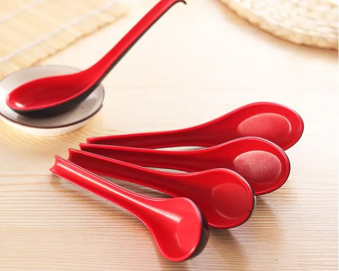 wholesale Red Black Color Home Flatware Japanese Plastic Bowl Soup Porridge Spoon Hot