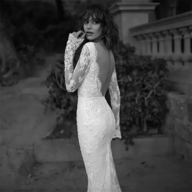 Yeni Varış Liz Martinez Sheer Uzun Kollu Dantel Gelinlik Gelin Seksi Backless Mahkemesi Tren Vintage Boho Mermaid Gelinlikler