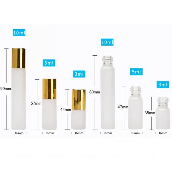 3 ml, 5 ml, 10 ml, gefrostete Rollon-Flasche mit Edelstahl-Rollerball, Roll-on-Flasche, ätherisches Öl, Duftbehälter, Röhrchenfläschchen, goldene Kappe