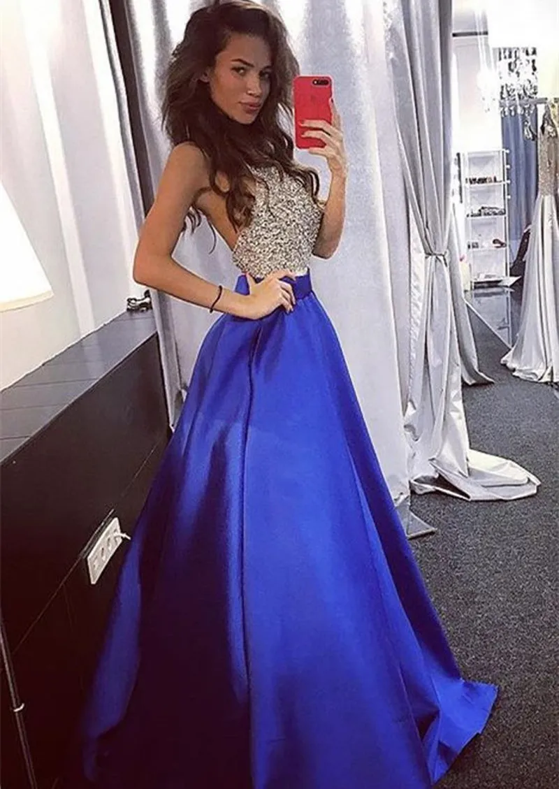 Beaded Crystal Top Halter Backless Elegant Prom Klänning Ärmlös Lång A-Line Prom Klänningar Vestidos De Fiesta