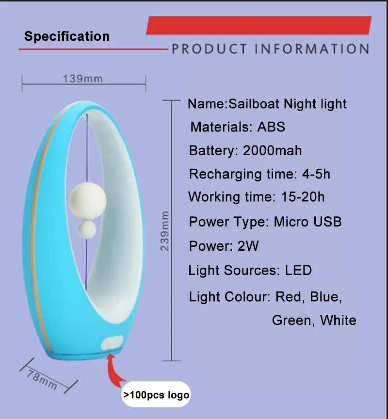 Nowa żaglówka Lampa stołowa Colourfull Nowoczesne nocne lampy stolikowe do sypialni salon Materiały ABS USB Akumulator