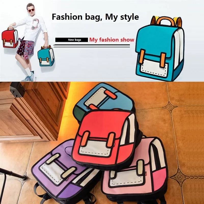 4 colores Gismo Cartoon Bag moda 3D Jump Style Dibujo 2D Cartoon 3D Hombro Messenger Bag bolso de cámara mochila unisex Bolsas de almacenamiento 1795