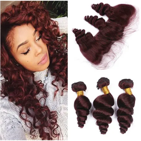 Loose Wave #99J Wine Red Indian Virgin Human Hair Weaves with Frontal Closure Burgundy 13x4 Full Lace Frontal with Virgin Hair Bundle Deals