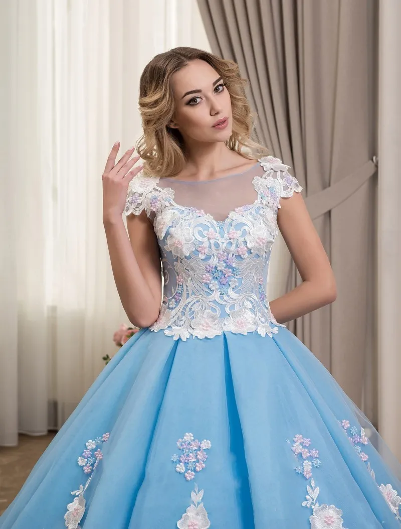 Light Blue Ball Gown Prom Dress with Sheer Neck and Lace Appliqued Flowers,  Sweep Train Evening Gown with Covered Button Back from Dhgate Prom Dresses  - price 156.34