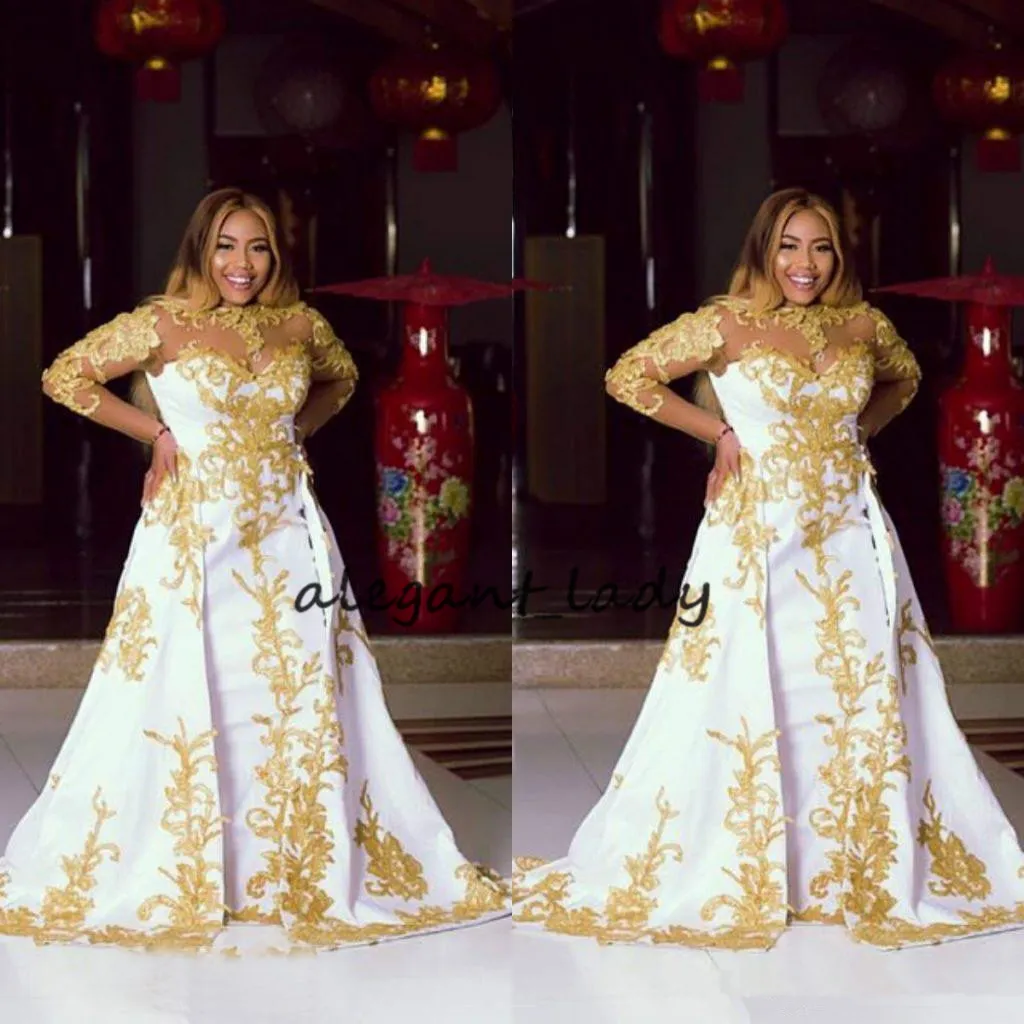 Plus Size Evening Formal Gowns With Long Sleeve 2023 Sheer Neck Gold Shiny Lace Applique Dubai Arabic African Prom Dresses