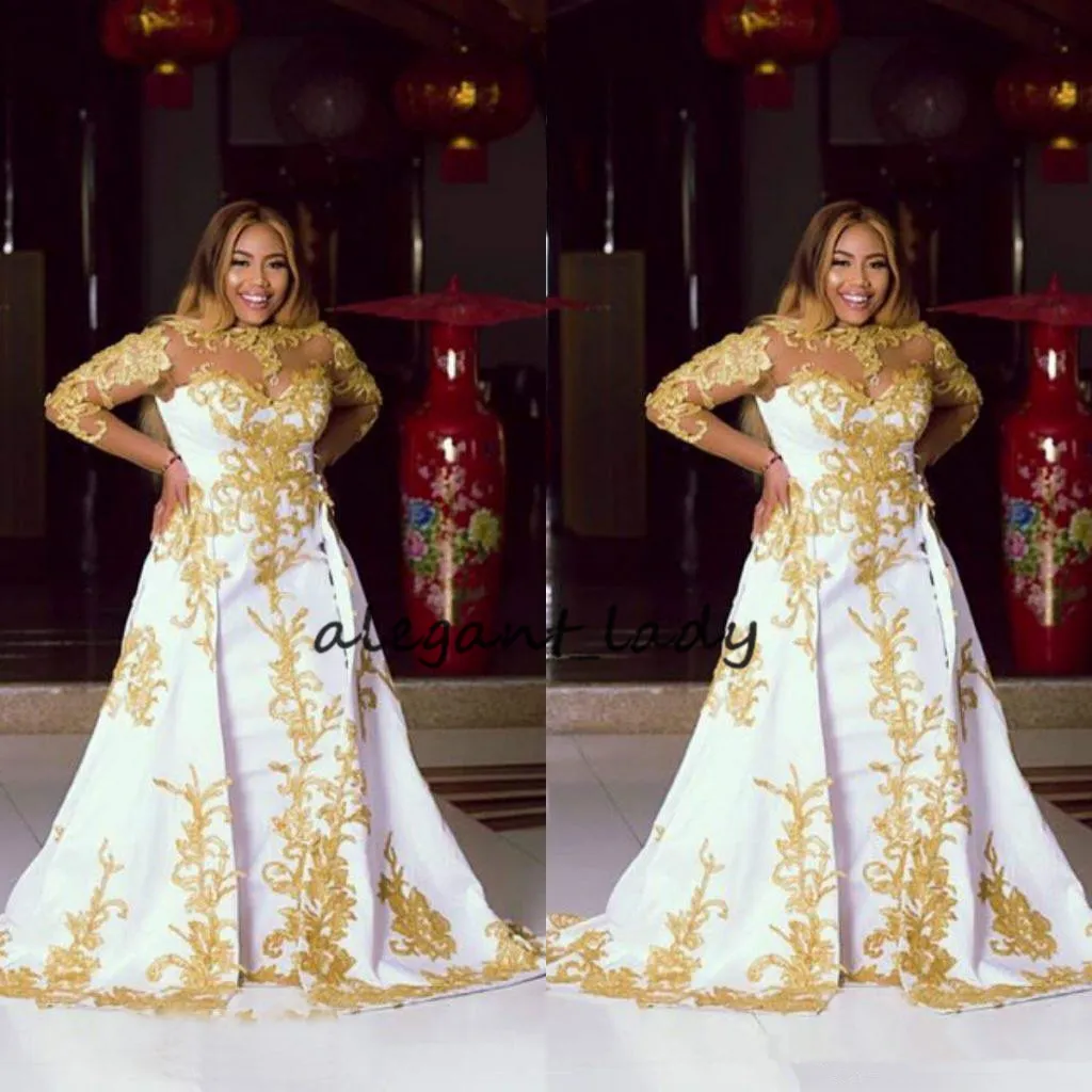 Vestidos formales de noche de talla grande con manga larga 2023 cuello transparente dorado brillante apliques de encaje Dubai árabe africano vestidos de graduación