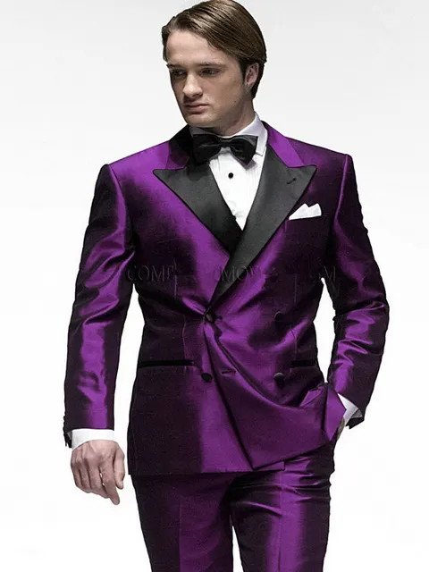 New Fashion Double-Breasted Purple Satin Groom Tuxedos Groomsmen Peak Lapel Best Man Blazer Mens Wedding Suits (Jacket+Pants+Tie) H:864