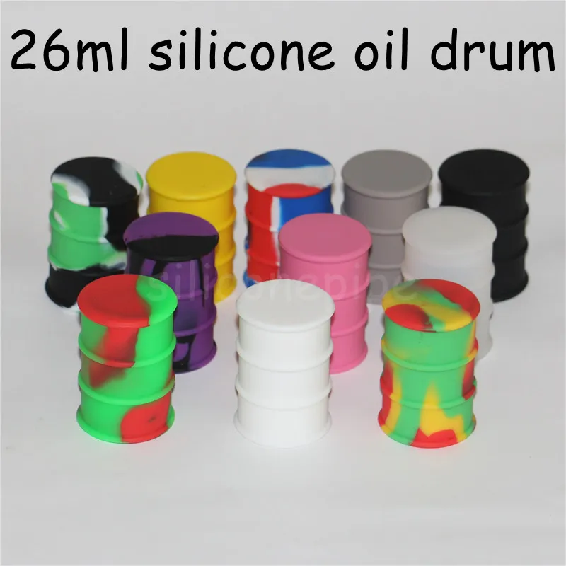 Prix usine Silicone Baril D'huile Conteneur Bocaux Dab Wax Vaporisateur Huile En Caoutchouc Tambour Forme Conteneur 26 ml Grand Pot De Silicium Bong Dabber Outil