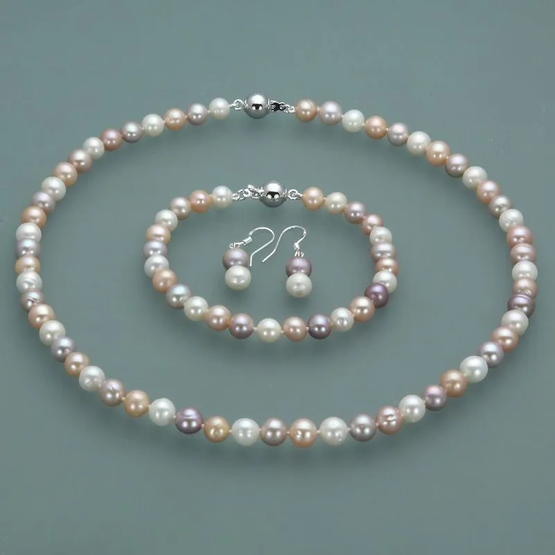 Fashion beautiful 7-8mm white/ pink/ purple/ natural fresh water cultured pearl necklace 45-19cm bracelet earrings set fashion jewelry