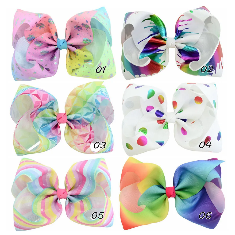 8 pouces Jojo arc ruban côtelé impression colorée bébé fille gros nœud papillon épingle à cheveux enfant accessoires pour cheveux 5 modèles mélangés