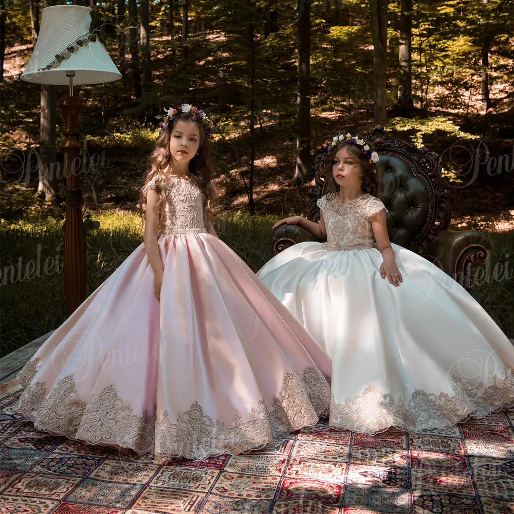 Vintage Pink Princess Flower Girl Dresses With Gold Lace Appliqued Wedding Party Tutu Kids Birthday Dresses 2106