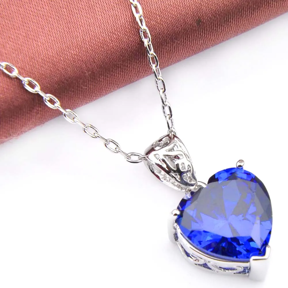 Novel Luckyshine 5 Zestawów Moda Heart Blue Topaz Crystal Cubic Cyrkonia 925 Srebrne Wisiorki Naszyjniki Kolczyki Prezent Biżuteria Ślubna Zestawy