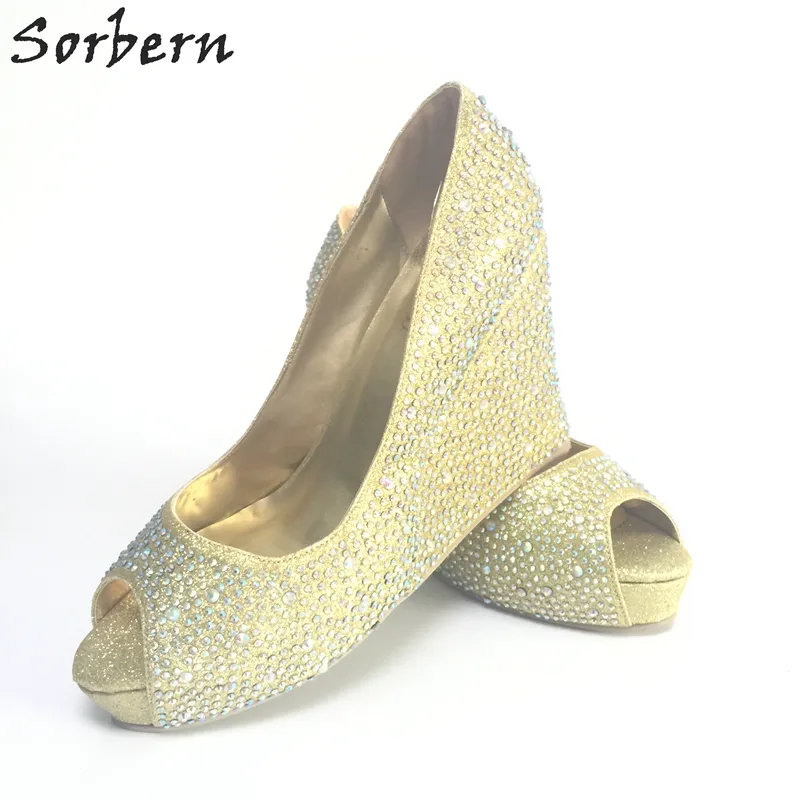 Sapatos De Casamento De Strass prata Wedge Peep Toe 2015 Cristais Custom Made Mulheres Bombas de Festa Plataforma de Salto Alto de Prata Ouro Disponível