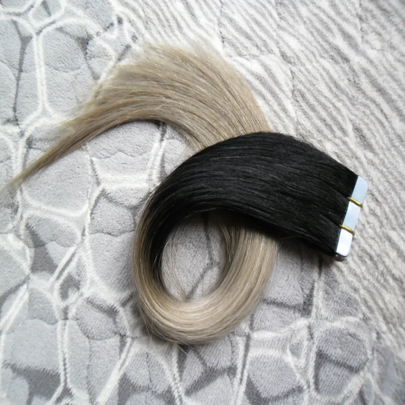 Ombre Tape Hair T1B Nastro estensione grigio argento Confezione da 40 Pezzi Adesivo Capelli Senza Cuciture 100 Grammi 10