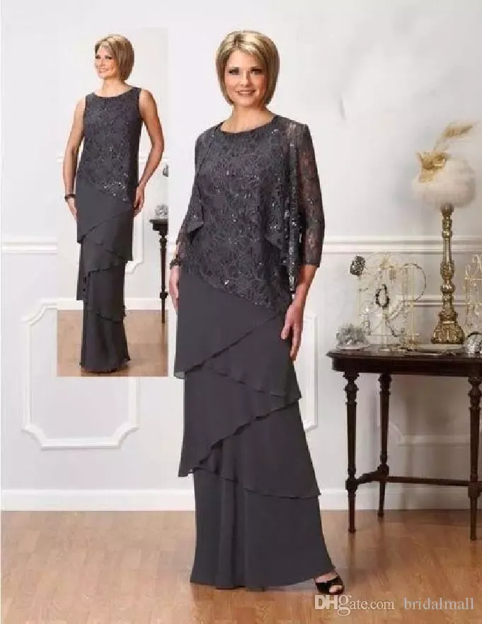 Elegant Dark Grey Mother Of The Bride Dresses Beaded Sequins Tiers Chiffon Formal Evening Gowns With Jacket Wedding Guest Gowns Custom