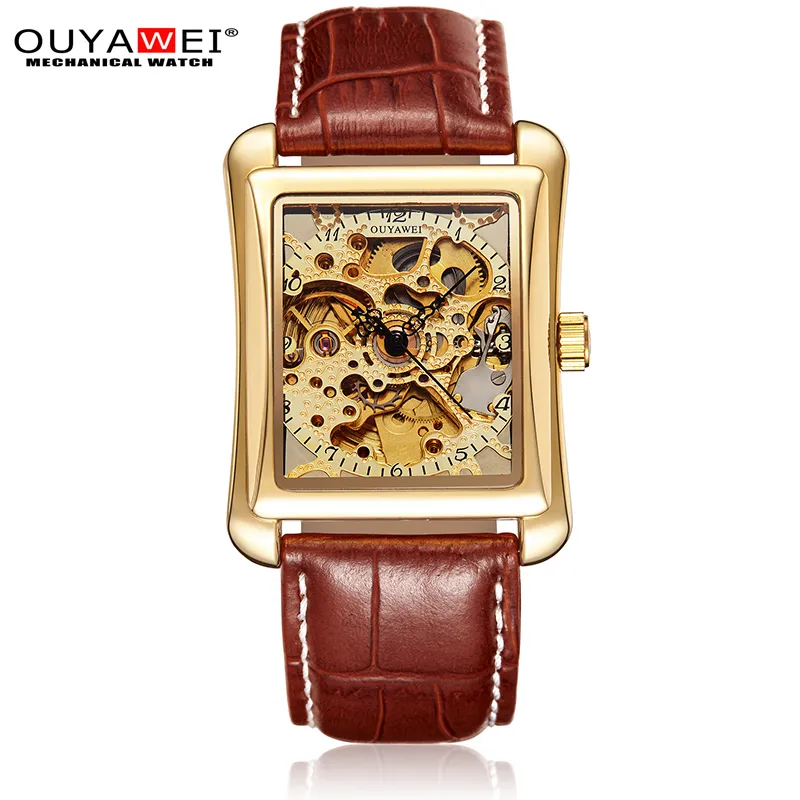 OUYAWEI Mechanisch Horloge Mannen merk Horloge Lederen Band Zelf Wind Goud Skeleton Horloge Voor Case Rechthoek Sport Montre Homme255P