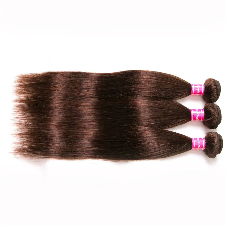 Capelli lisci castano scuro Colore marrone # 4 Estensione dei capelli umani Peruviano brasiliano Malese Capelli vergini indiani Tesse 3 Pz / lotto