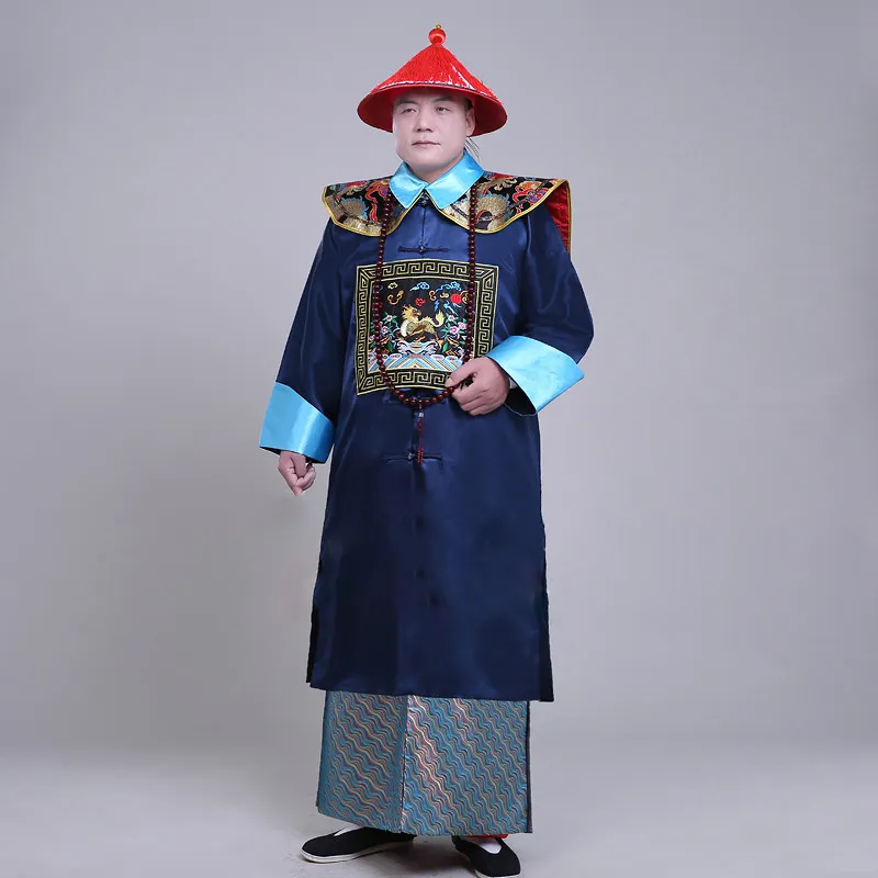 Novo preto e azul a dinastia Qing trajes do ministro roupas masculinas antigo estilo chinês togae vestido filme TV perf248S