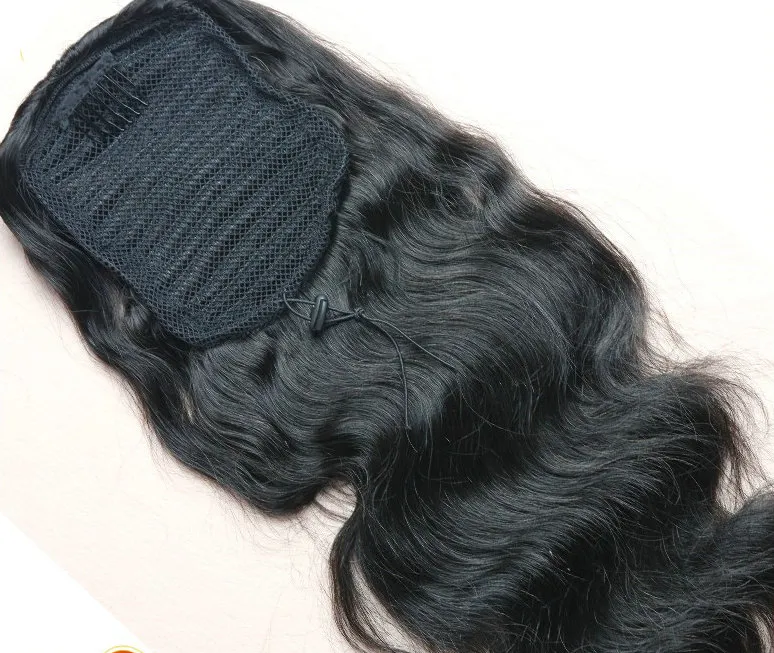 beauty natural wavy hair puff brazilian Human Hair Ponytail Extensions Brazilian Virgin Hair Ponytail Extension with black drawstring 1b