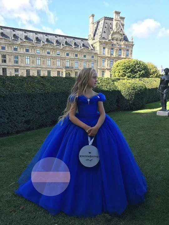 Cinderella Royal Blue Meisjes Pageant Party Dress Off Shoulder Rits Terug Lange Tulle Flower Girls 'Jurken voor bruiloften