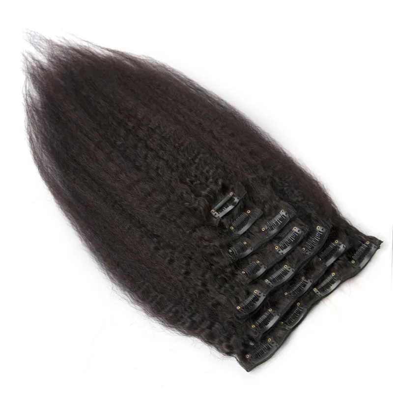 Naturliga svarta kinky raka klipp i brasilianska mänskliga hårförlängningar 120g set grov yaki clip ins maskin gjord remy5125342