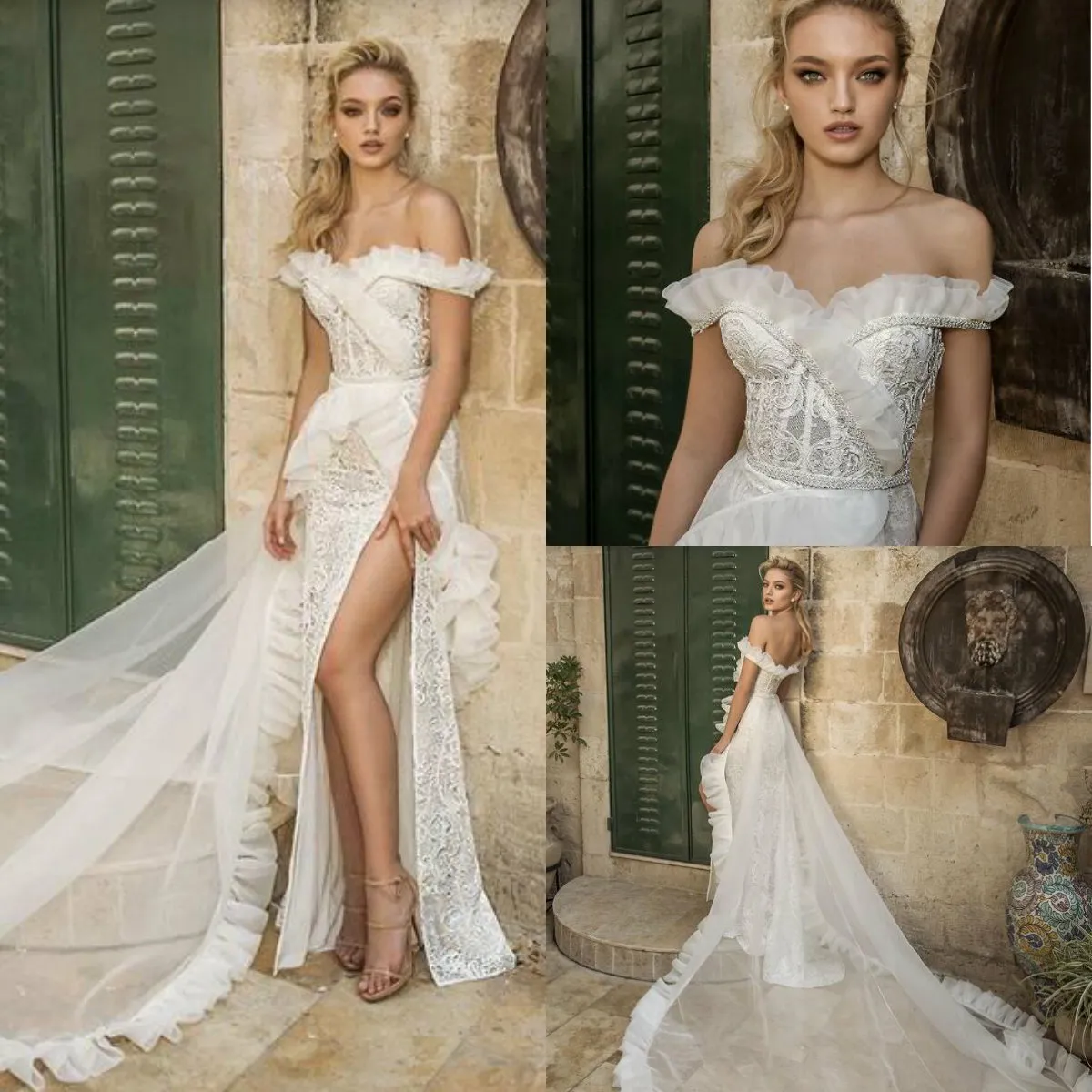 Sexy Off Shoulder Wedding Dress Dany Mizrachi Illusion Chiffon Side Splits Lace Appliques Beaded Wedding Dresses Bridal Gowns