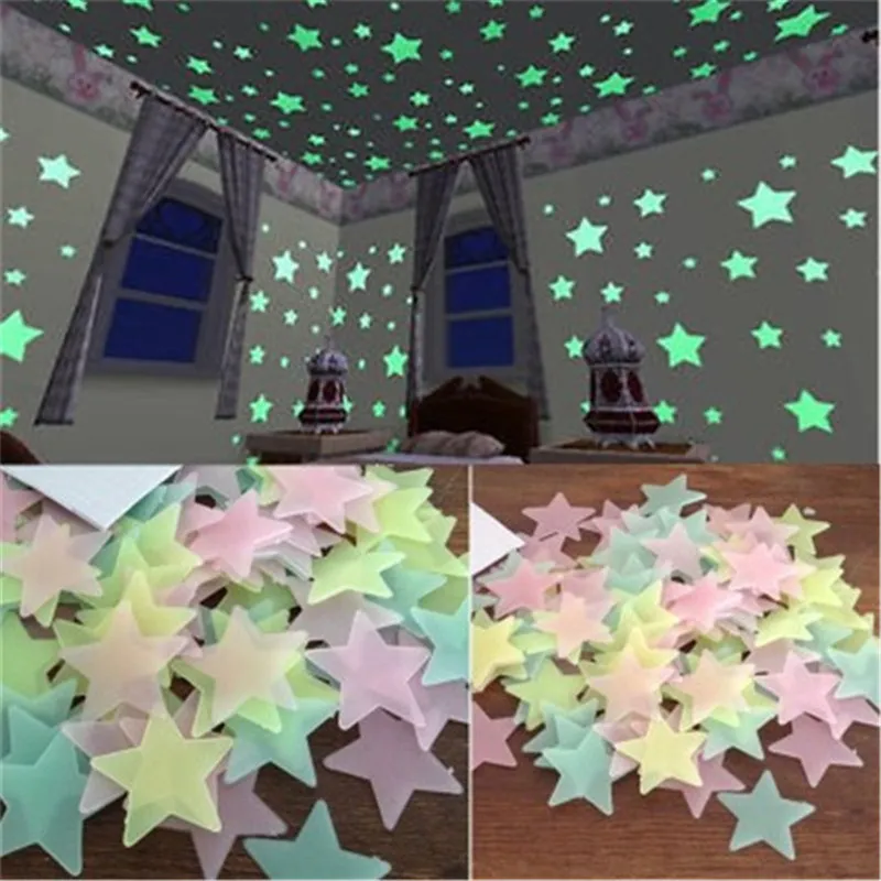 100 sztuk / zestaw 3D Luminous Gwiazdy Naklejki Ścienne Glow In The Dark Diy Wystrój Domu dla dzieci Pokój dziecięcy Naklejka ścienna