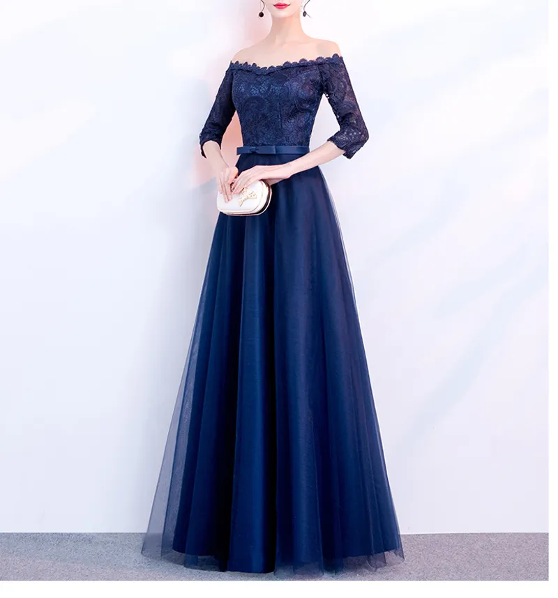 Robe de soirée élégante bleu marine sans bretelles demi-manches plis Tulle dentelle haut robes de bal à lacets fermeture éclair dos grande taille robes de soirée