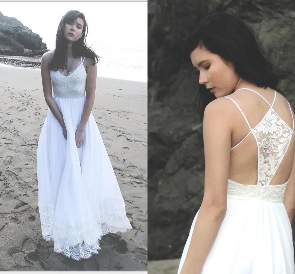 Incroyable 2019 robes de mariée de plage dentelle spaghetti col en V croisé dos pas cher robes de mariée en mousseline de soie robe de soirée robe de mariée d'été