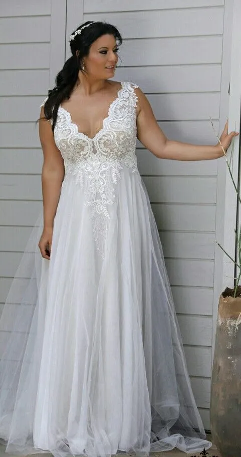 Vestidos de novia de talla grande de talla grande V Cuello sin cuello A Línea Vestidos de novia con apliques Abiti Da Sposa Lace Wedding Vestido2396