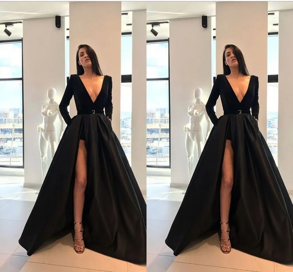 Fall Winter Black Designer Dresses Formal Dress 2021 V-neck Long Sleeve High Low Satin Prom Dress Evening Gowns Sash Party Dress Plus Size