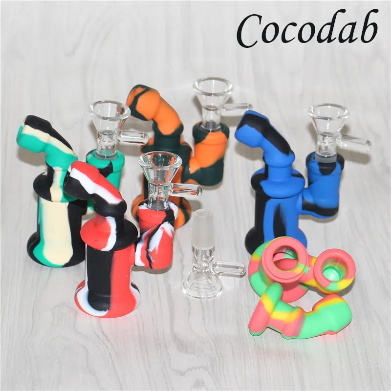 Wholesale Hookah Mini Silicone bubbler Rig silicon smoking pipes Hand Spoon Pipe Bongs oil dab rigs with glass filter bowl free DHL