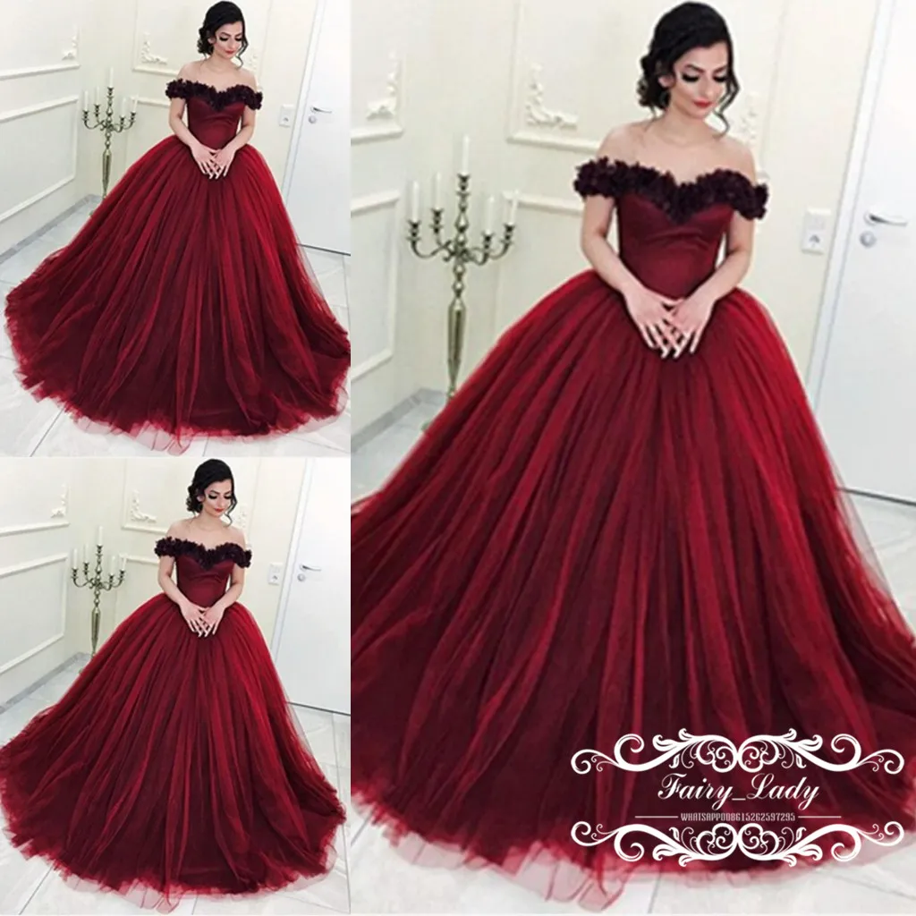 Borgoña Dulce 16 Años de Vestidos de quinceañera 2018 Preciosas Flores de Hombro Largo Puffy Vestido Borgoña Dulce 16 Años de Vestidos de quinceañera 2018 Preciosas Flores de Hombro Largo Puffy Vestido