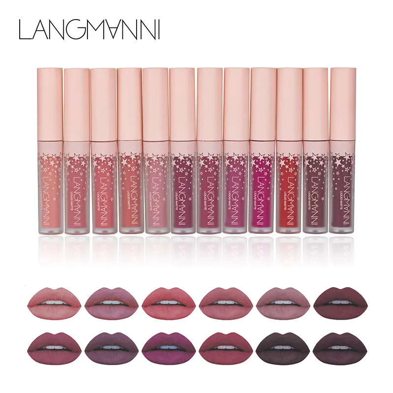 Maquiagem Matte Líquido Batom Makeup Lip Kit Lip Gloss Velvet Tint Long Luring Waterproof impermeável Batom impermeável Nude Langmanni