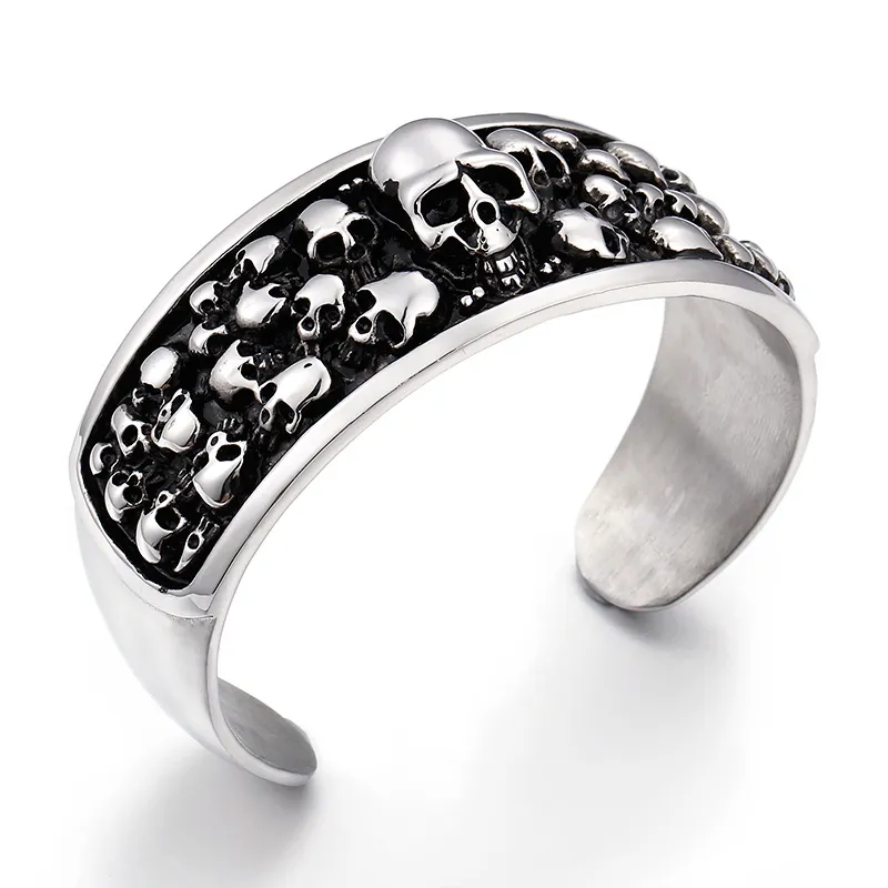 KB79607-BD Helt nytt Pure Rostfritt stål 29 * 66mm Inner Vintage Black Skull Skelett Manschuff Bangle Mens Armband Öppna End Cool Presenter