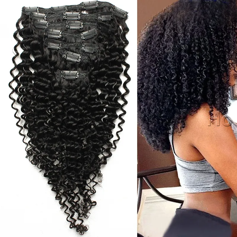 Kinky Curly Hair Machine Made Remy Clip in Human Hair Extensions Dikke natuurlijke kleur 100g 7pcs / lot