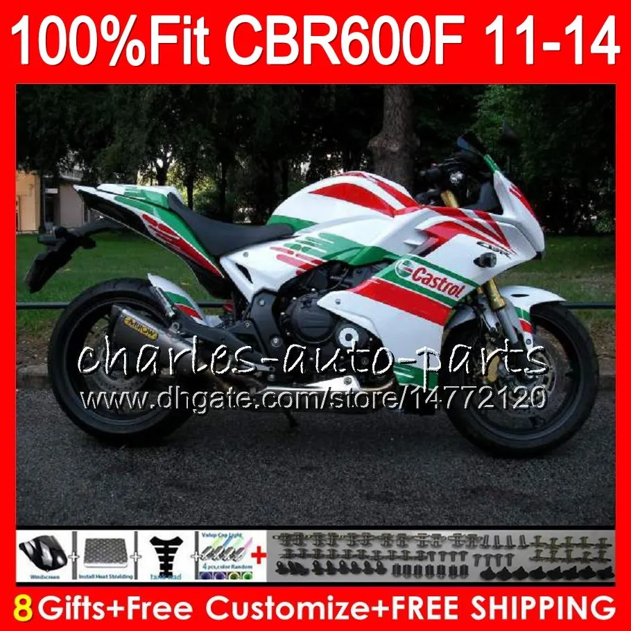 Тело впрыски Castrol зеленое для HONDA CBR600F4i CBR600F 11 12 13 14 115HM.6 CBR600 F CBR 600 F 600F CBR600 F4i 2011 2012 2013 2014 обтекатель