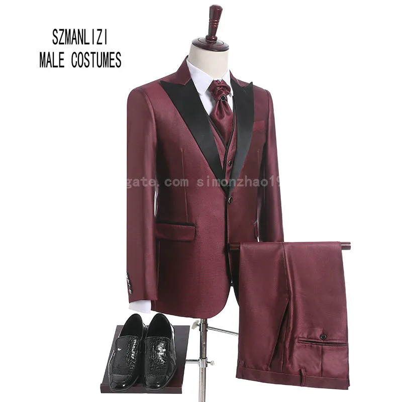 Brand Men Suit 2018 Custom Made Prom Wedding Suits For Men Peaked Slim Fit Burgundy Groom Suit Mens Tuxedos BridegroomJacket+Vest+Pant+Tie